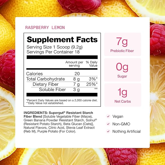Supergut Gut Healthy Flavored GLP-1 Booster, Raspberry Lemon - High Fiber GLP-1 Supplement Powder for Women & Men - Sugar-Free Drink Mix for Gut Health & Digestive Support (18 Servings)