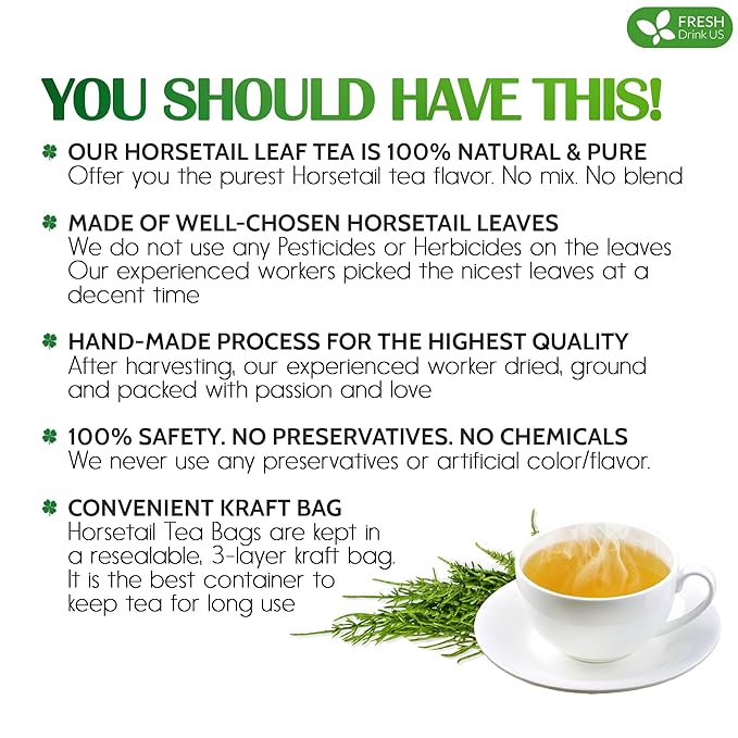 FreshDrinkUS, Premium 120 Horsetail Leaf Tea Bags, 100% Natural & Pure from Horsetail Loose Leaves Herbal Tea. Made with Natural Material Tea Bags. No Sugar, No Caffeine, No Gluten, Vegan.
