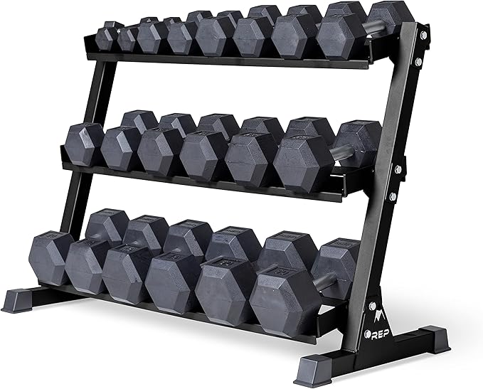 REP Fitness Rubber Hex Dumbbell Set, Adjustable Weight Pairs, Home Gym Equipment, Strength Training For Men Women, Black Coated Grips, Workout Rack Storage Optional, Heavy Lb Free Weights