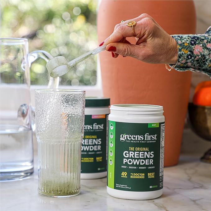 Greens First Original Greens Powder - 49 Superfoods - Organic Fruits & Veggies - Prebiotics, Probiotics & Digestive Enzymes - Antioxidant Smoothie - Dairy Free, Vegan & Non-GMO (Mint, 30 Servings)