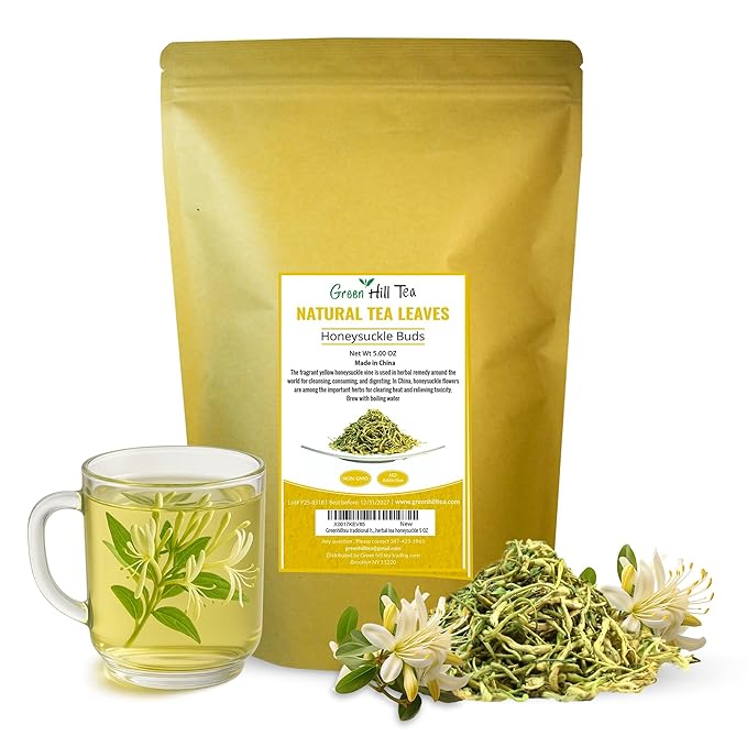 Greenhilltea traditional health herbs, Premium Honeysuckle buds, honey suckle tea NO GMO, NO Additives, Caffeine free dried herbal tea 5 OZ