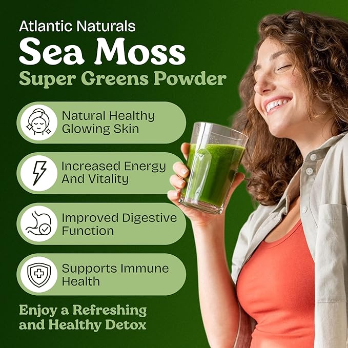 Atlantic Naturals Organic Sea Moss Super Greens Powder - Greens Superfood with 12 Vegetables, 15 Fruits, Probiotics, 16 Herbs & Spices - Digestive Health, Energy, Skin & Immunity - Mixed Berry Flavor
