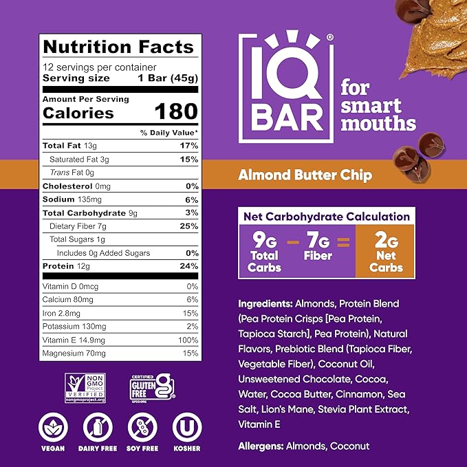 IQBAR Brain and Body Plant Protein Bars - Almond Butter Chip - 12-Count Low Carb - Gluten Free, High Fiber, Vegan Snacks - Low Sugar Meal Replacement