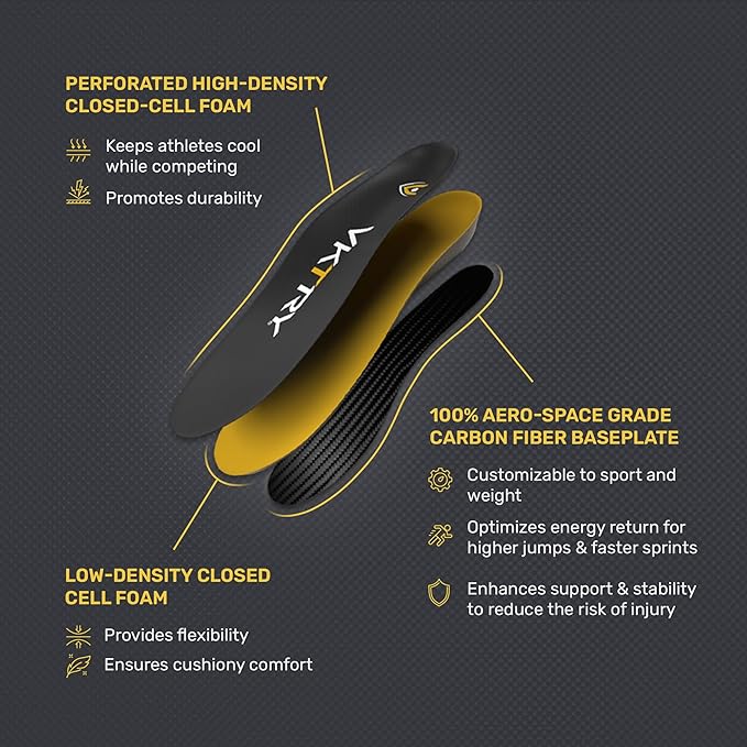 VKTRY Gold for Cleated Shoes - Carbon Fiber Performance Insoles - Customized Inserts for Football, Baseball, Lacrosse & More| Run Fast, Jump High, Support Recovery, US M10-10.5, W12-12.5, 171-220lb
