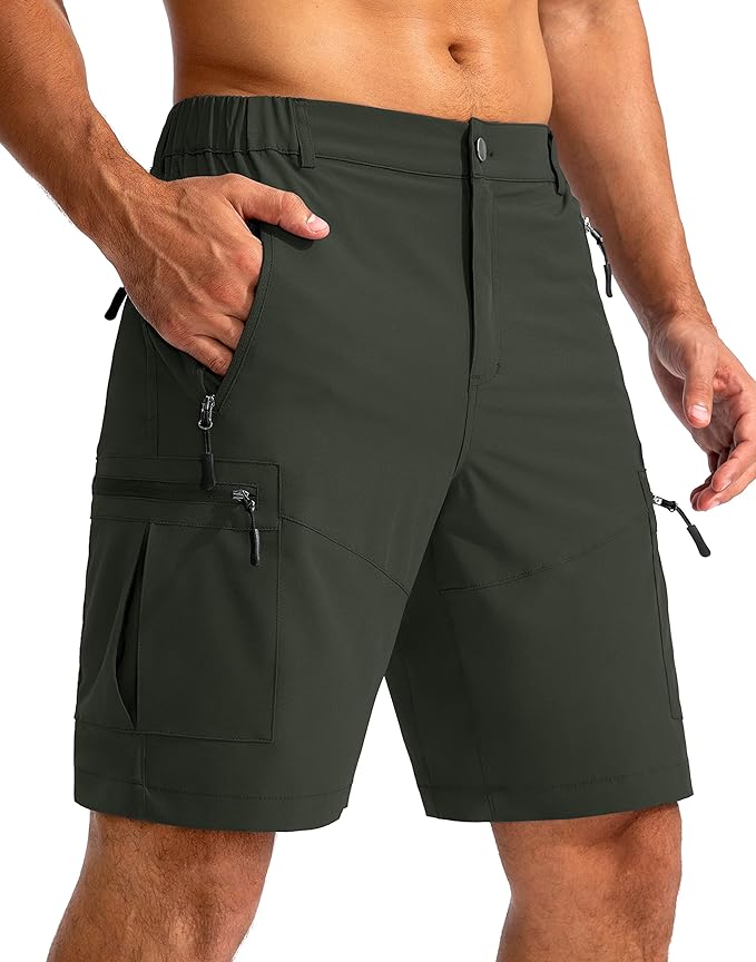 Pudolla Men's Hiking Cargo Shorts 9" Lightweight Outdoor Work Shorts for Men Travel Golf Camping Casual with 5 Zipper Pockets