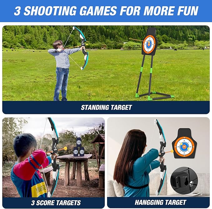 Bow and Arrow for Kids, LED Light Up Archery Set with 12 Suction Cup Arrows, 1 Standing Target, 3 Score Targets & 1 Quiver, Indoor Outdoor Sport Gifts for Boys Girls Ages 4-12, Blue