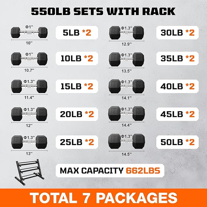 450/550 Dumbbell Sets with Rack, Rubber Hex Dumbbells, Free Weight set for Home Gym, Hand Weights with Chrome Handle for Strength Training