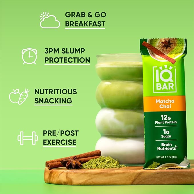 IQBAR Brain and Body Plant Protein Bars - Matcha Chai - 36-Count Low Carb - Gluten Free, High Fiber, Vegan Snacks - Low Sugar Meal Replacement