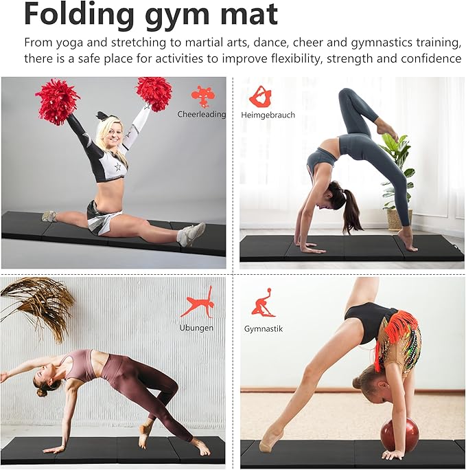 Gymnastics Tumbling Mats Portable Gymnastics Mat Foldable Tumbling Mat 2'x6'/4'x8' PU Leather Exercise Mat Yoga Mat with Carrying Handles for home Workout outdoor Yoga Gymnastics