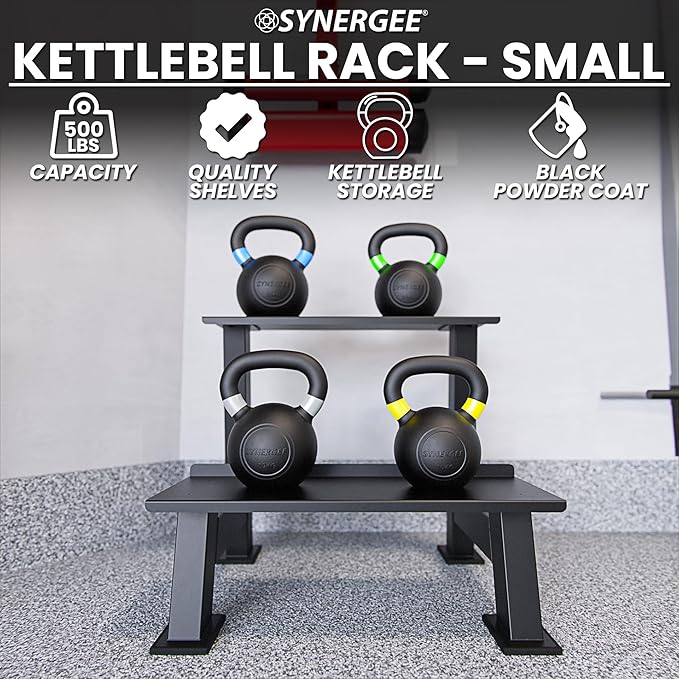 Synergee Kettlebell Storage Rack - Gym Storage Rack for Fitness Equipment Organization. 2-Tier Shelf for Holding Synergee Kettlebells.