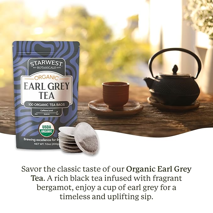 Starwest Botanicals Organic Earl Grey Tea - Caffeinated Herbal Blend with Black Tea & Bergamot, Enjoy Hot or Cold, String Free Sachets, USDA Organic, Non GMO - Bulk Pack, 100 Tea Bags