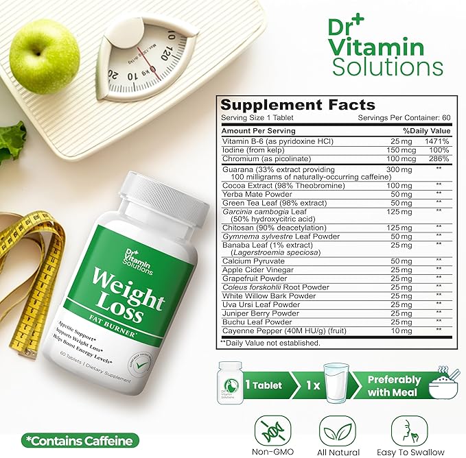 DR VITAMIN SOLUTIONS Fat Burner for Women & Men - Weight Loss Supplements with Green Tea Extract, Chromium, Vitamin B6 - Energy Booster, Belly Fat Burner & Appetite Suppressant Diet Pills - 60 Tablets