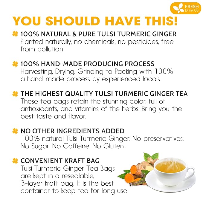 FreshDrinkUS, Premium 35 Tulsi Turmeric Ginger Tea Bags, 100% Natural & Pure from Tulsi Holy Basil Leaves, Turmeric and Ginger. Made with Natural Material Tea Bags. No Sugar, No Caffeine, Vegan.