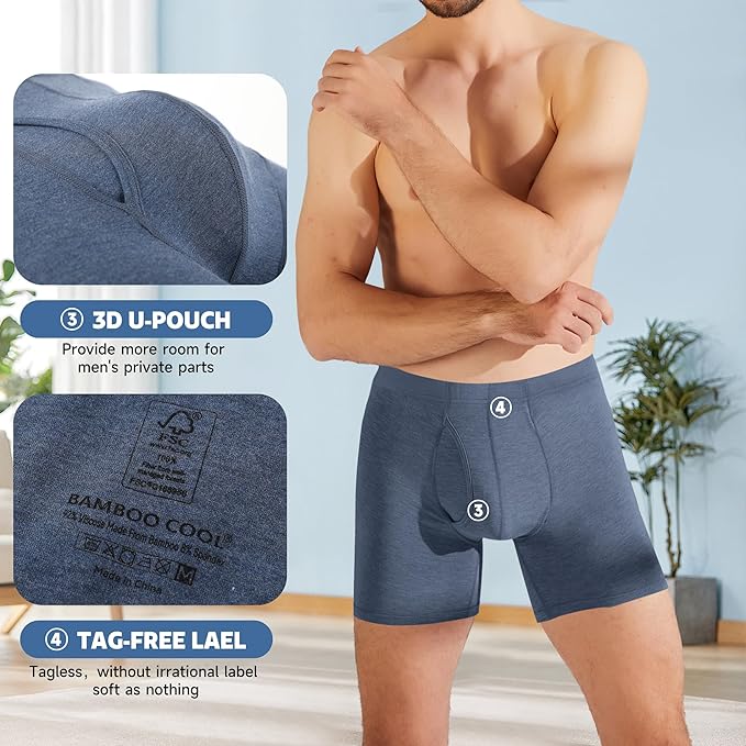 BAMBOO COOL Men's Ultra ComfortSoft Underwear, Moisture Wicking & Breathable No Ride Up Boxer Briefs with Fly, Multipack
