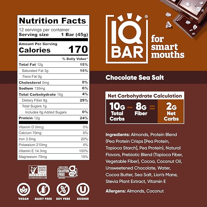 IQBAR Brain and Body Plant Protein Bars - Chocolate Sea Salt - 36-Count Low Carb - Gluten Free, High Fiber, Vegan Snacks - Low Sugar Meal Replacement