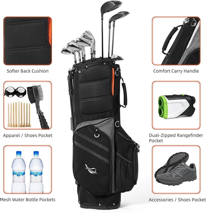 Golf Stand Bag 14 Way Top Dividers Full-Length with Stand, 7 Pockets, Lightweight Golf Bag for Men, Dual Strap, Rain Hood, Portable Golf Club Bag for Men Women
