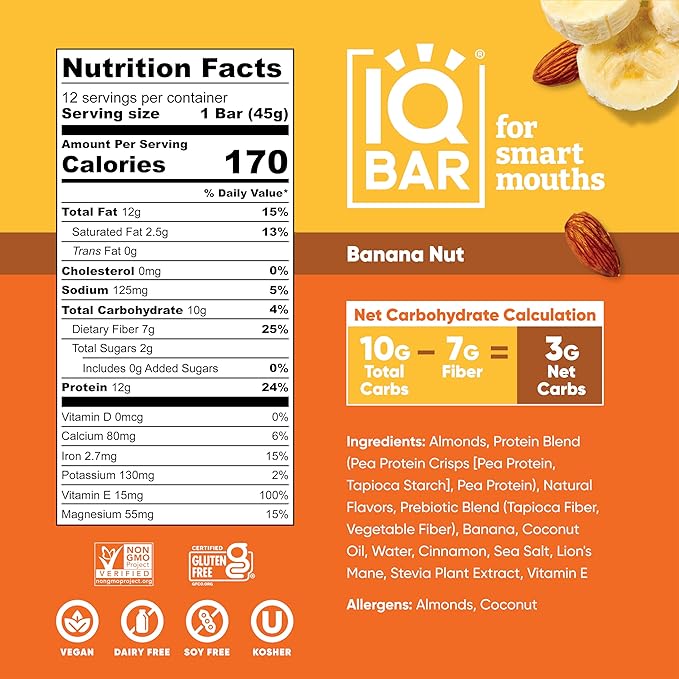 IQBAR Brain and Body Plant Protein Bars - Banana Nut - 12-Count Low Carb - Gluten Free, High Fiber, Vegan Snacks - Low Sugar Meal Replacement