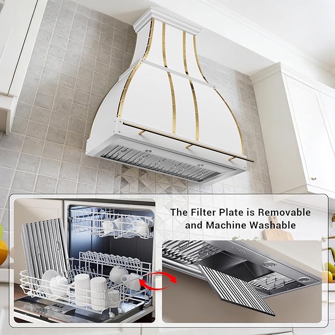 CHETTO C Stainless Steel Range Hood Cover with 4-Speed Vent Hood Insert Custom Handcrafted Metal Kitchen Fan with Towel Rack LED Light 54"W x21"D x39"H White Wall Mount