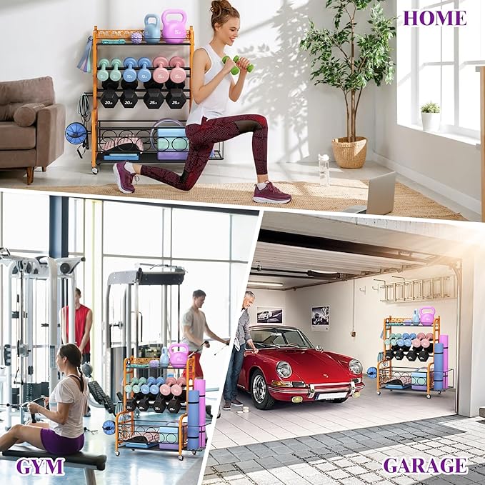 Dumbbell Rack, VOPEAK Weight Rack for Home Gym, Home Gym Storage Rack for Yoga Mat Kettlebells and Strength Training Equipment, Weight Storage Rack for Dumbbells with Wheels