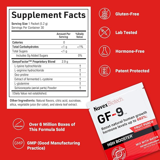 Novex Biotech GF-9 Rapid Dissolve Powder - Anti-Aging Supplements for Men, HGH Booster, Support Energy, Endurance, Sleep, Fruit Punch