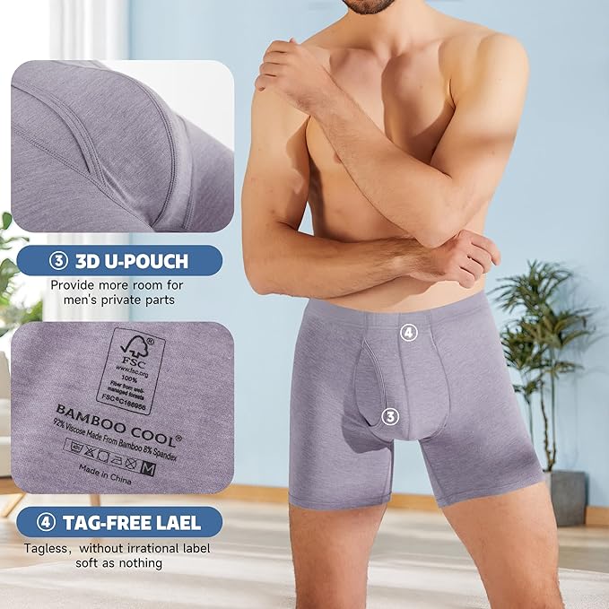 BAMBOO COOL Men's Ultra ComfortSoft Underwear, Moisture Wicking & Breathable No Ride Up Boxer Briefs with Fly, Multipack