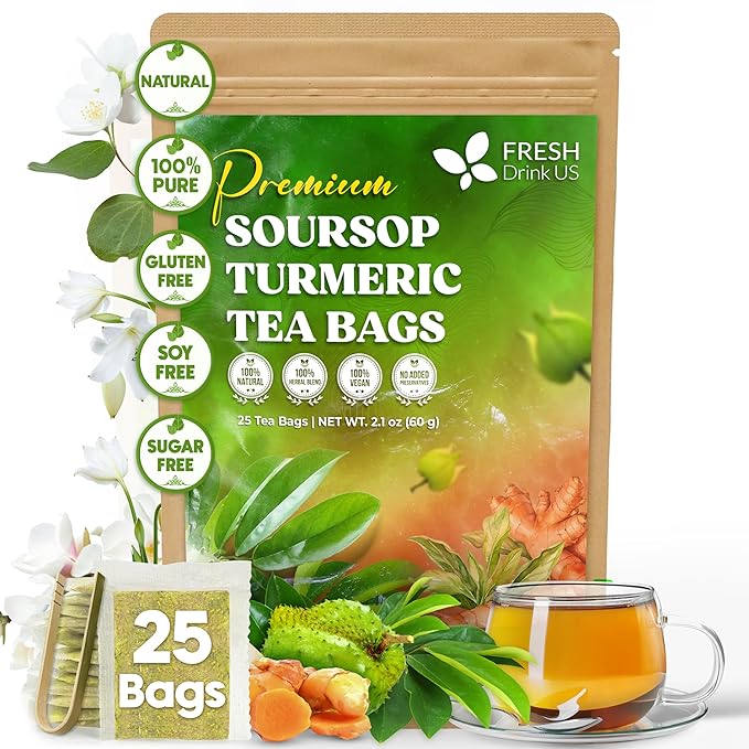 FreshDrinkUS, Premium 25 Tea Bags Soursop Turmeric, 100% Natural, Blend of Soursop Leaves, and Turmeric Root. Made with Natural Material Tea Bags. No Sugar, Vegan.
