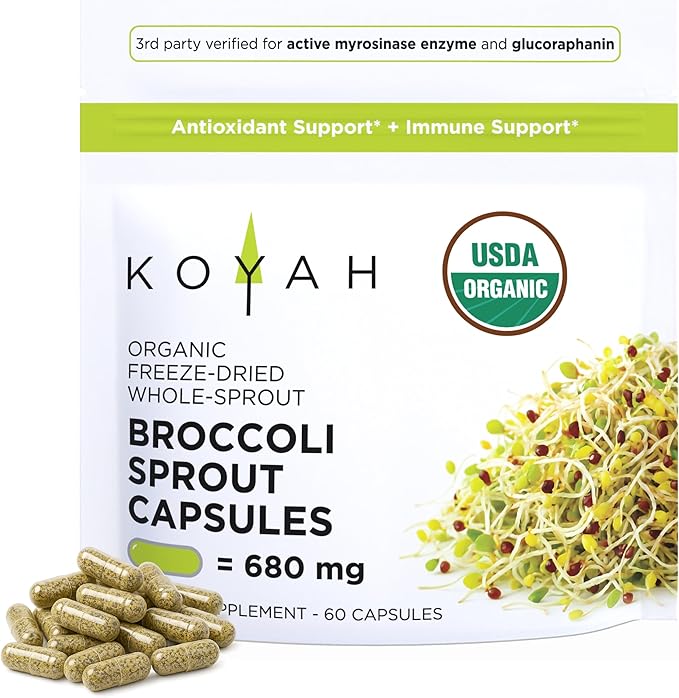 KOYAH Organic Broccoli Sprout Capsules – Freeze-Dried Whole Broccoli Sprouts – 3rd Party Tested for Active Myrosinase & Glucoraphanin (Sulforaphane Glucosinolate) - 60 Capsules