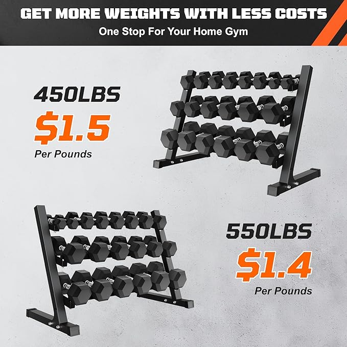 450/550 Dumbbell Sets with Rack, Rubber Hex Dumbbells, Free Weight set for Home Gym, Hand Weights with Chrome Handle for Strength Training