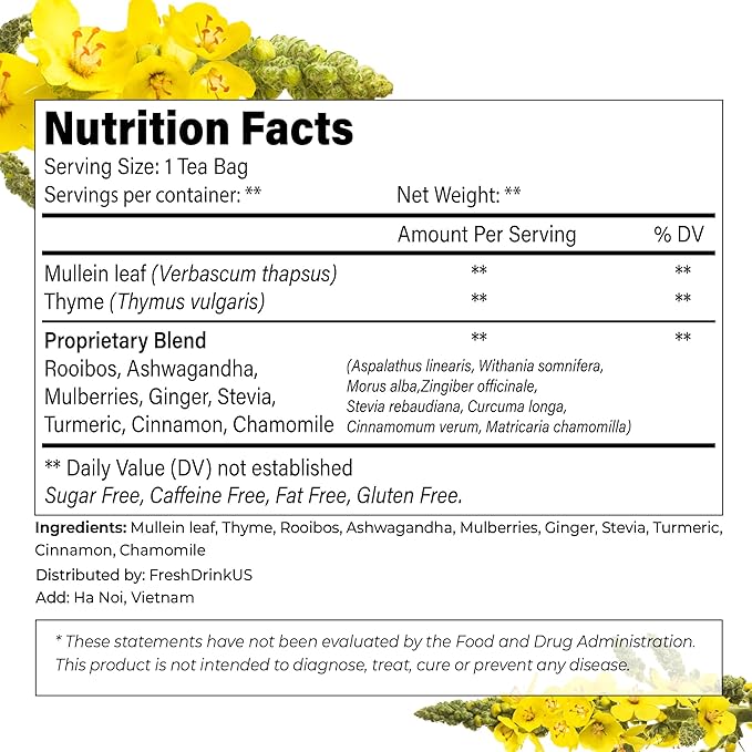FreshDrinkUS, StrongerLungs 40 Tea Bags - Mullein Leaf, Ginseng, Elderberry, Ginger & Thyme - Supports Lung Cleanse, Congestion Relief & Mucus Detox - Caffeine-Free & All-Natural