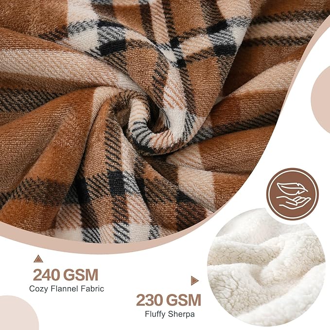 PU MEI Sherpa Fleece Throw Blanket 60" x 80" Reversible Plush Fluffy Large Big Blanket Lattice Flannel Blankets for All Season Use, Mocha Brown