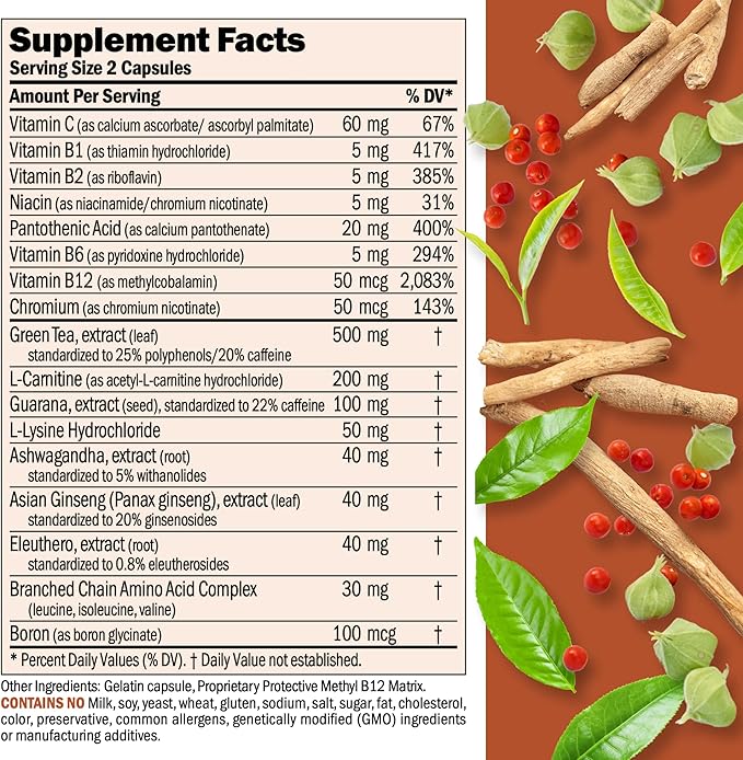 ANDREW LESSMAN Energy and Fat Metabolism Factors - 60 Capsules - Promotes Optimum Fat and Energy Metabolism, with Carnitine, Green Tea, Guarana, Ginseng, B-Complex. Easy to Swallow Capsules