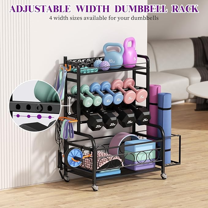 Dumbbell Rack, VOPEAK Weight Rack for Home Gym, Home Gym Storage Rack for Yoga Mat Kettlebells and Strength Training Equipment, Weight Storage Rack for Dumbbells with Wheels