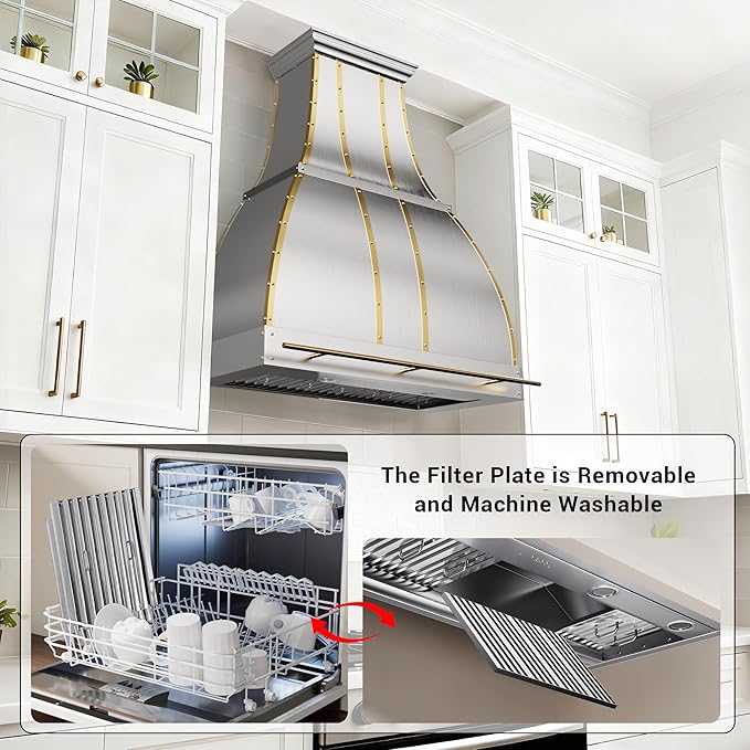 CHETTO C Stainless Steel Range Hood Cover with Quiet Vent Hood Insert Custom Handcrafted Metal Kitchen Fan with Towel Rack LED Light 36"W x21"D x45"H Brushed Stainless Steel Wall Mount