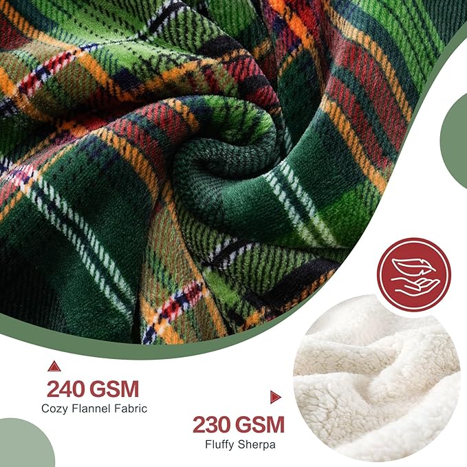 PU MEI Sherpa Fleece Throw Blanket 60" x 80" Reversible Plush Fluffy Large Big Blanket Lattice Flannel Blankets for All Season Use, Chrismas Green