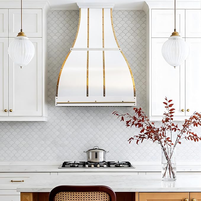 CHETTO C Stainless Steel Range Hood Cover with 4-Speed Vent Hood Insert Custom Handcrafted Metal Kitchen Fan with Towel Rack LED Light 54"W x24"D x60"H White Wall Mount