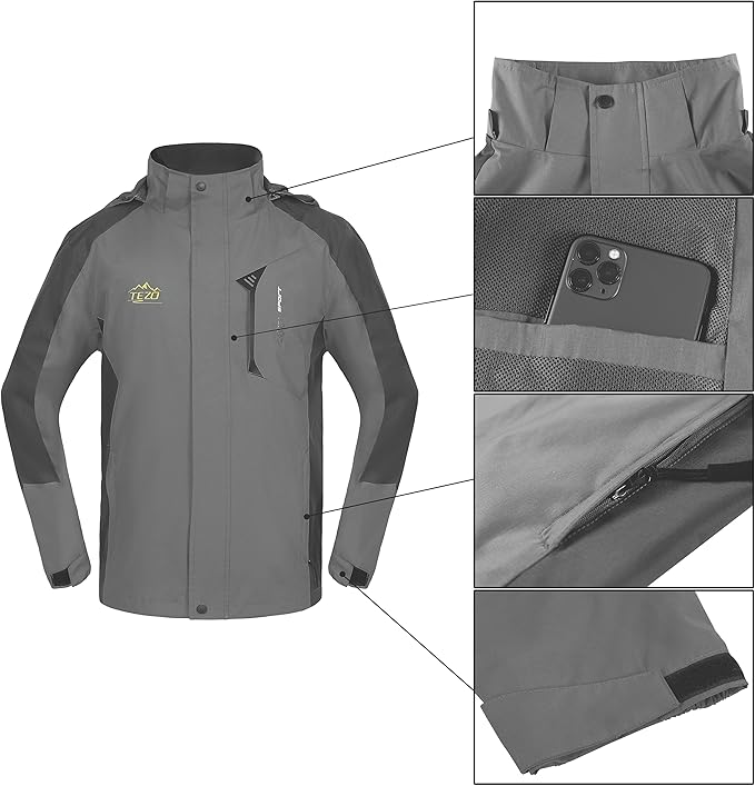 TEZO Mens Rain Jacket Waterproof with Hooded Hiking Coat Lightweight Windbreaker