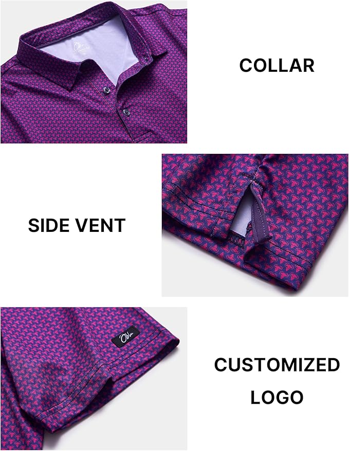 Obla Mens Golf Polo Shirts Short Sleeve Dry Fit Performance Moisture Wicking Casual Print Collared Golf Shirts for Men