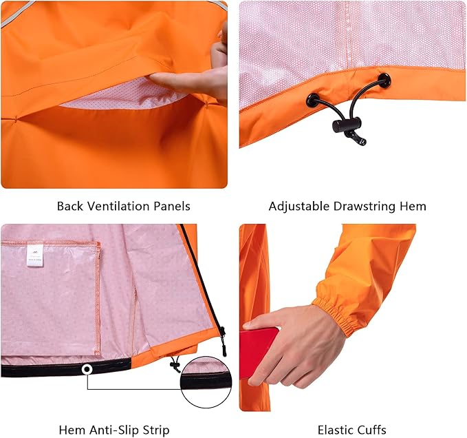 Men's Cycling Running Rain Jacket Lightweight Waterproof Biking Hiking Windbreaker Raincoat Reflective Packable