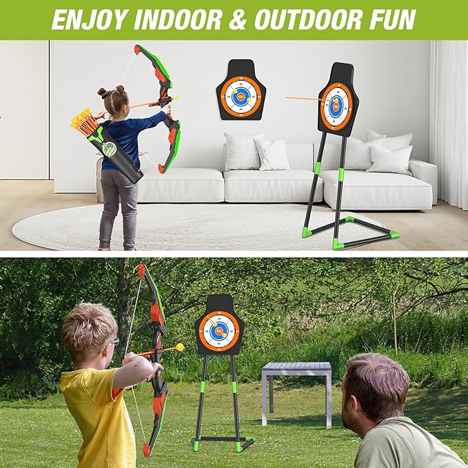 Bow and Arrow for Kids, LED Light Up Archery Set with 12 Suction Cup Arrows, 1 Standing Target, 3 Score Targets & 1 Quiver, Indoor Outdoor Sport Gifts for Boys Girls Ages 4-12, Green