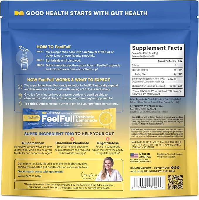 Nouri Daily FeelFull Prebiotic Fiber Drink Mix | Supports Natural Fullness, Appetite & Cravings Control, Gut & Metabolic Health | Oligofructose, Glucomannan & Chromium | 30 Stick Packs