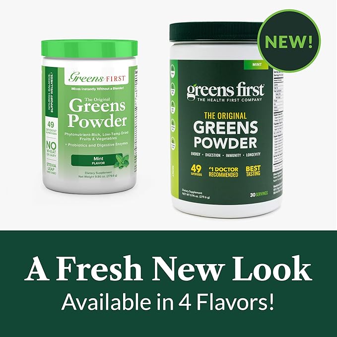 Greens First Original Greens Powder - 49 Superfoods - Organic Fruits & Veggies - Prebiotics, Probiotics & Digestive Enzymes - Antioxidant Smoothie - Dairy Free, Vegan & Non-GMO (Mint, 30 Servings)