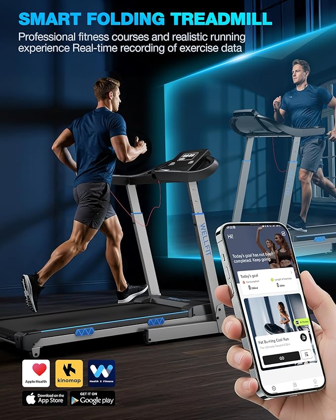 WELLFIT Auto Incline Folding Treadmill - 10% Incline Desk Walking Pad Treadmill with Handlebar, 400 lbs Heavy-Duty Capacity, Space-Saving Quiet Under-Desk Design for Home Office, Seniors & Fitness