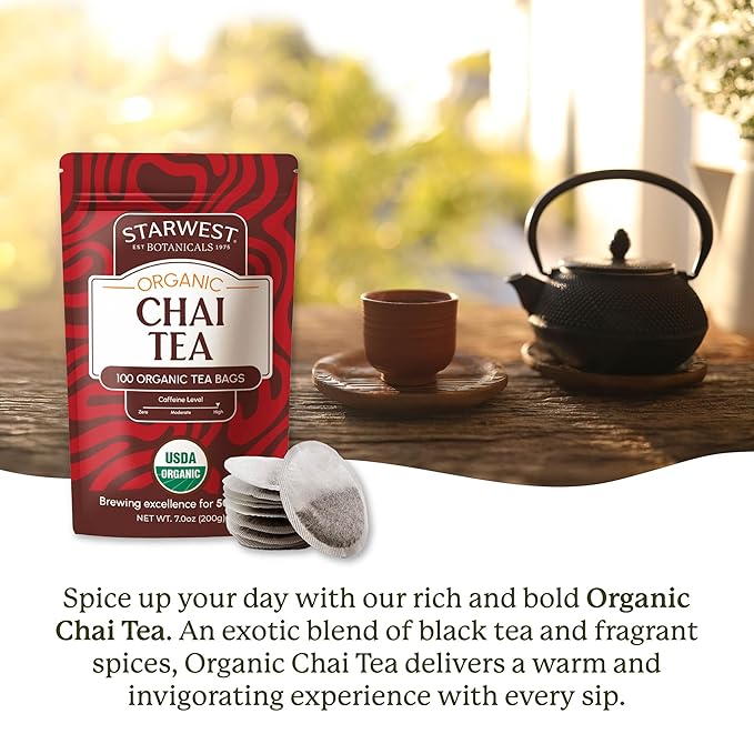 Starwest Botanicals Organic Chai Tea - Caffeinated Herbal Blend with Black Tea & Cinnamon, String Free Sachets, USDA Organic, Non GMO - Bulk Pack, 100 Tea Bags