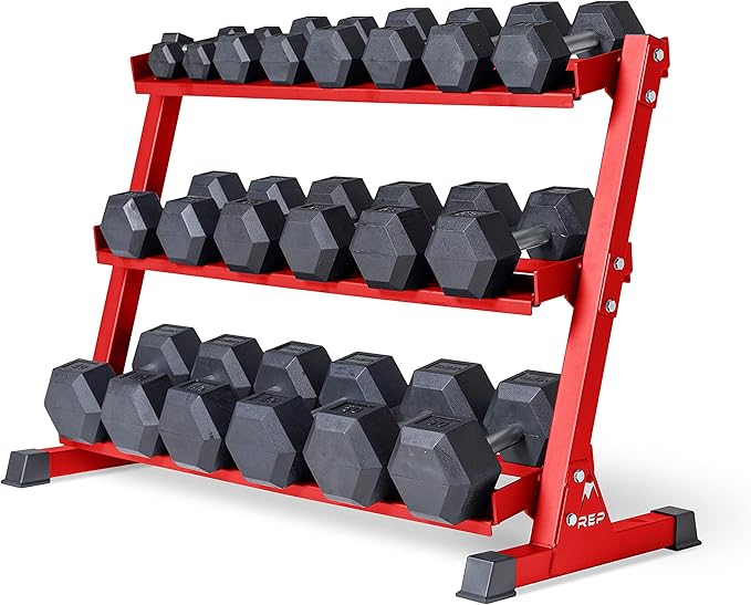 REP Fitness Rubber Hex Dumbbell Set, Adjustable Weight Pairs, Home Gym Equipment, Strength Training For Men Women, Black Coated Grips, Workout Rack Storage Optional, Heavy Lb Free Weights