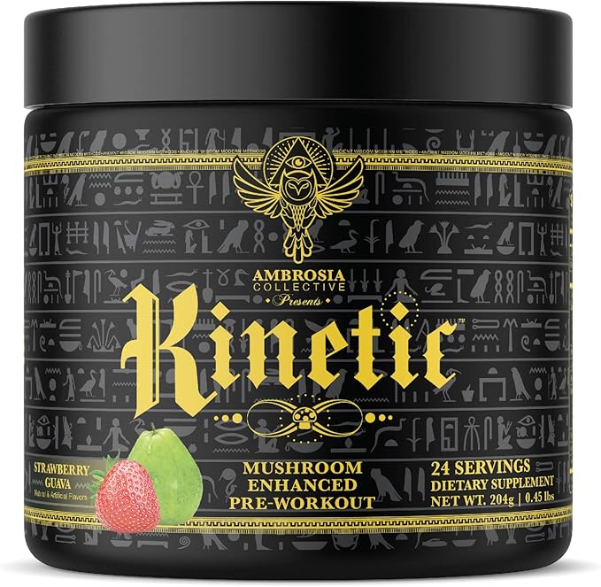 Ambrosia Kinetic Organic Preworkout, Mushroom Enhanced Natural Pre Workout Supplement, Nootropic Superfood Powder for Energy (Strawberry Guava)
