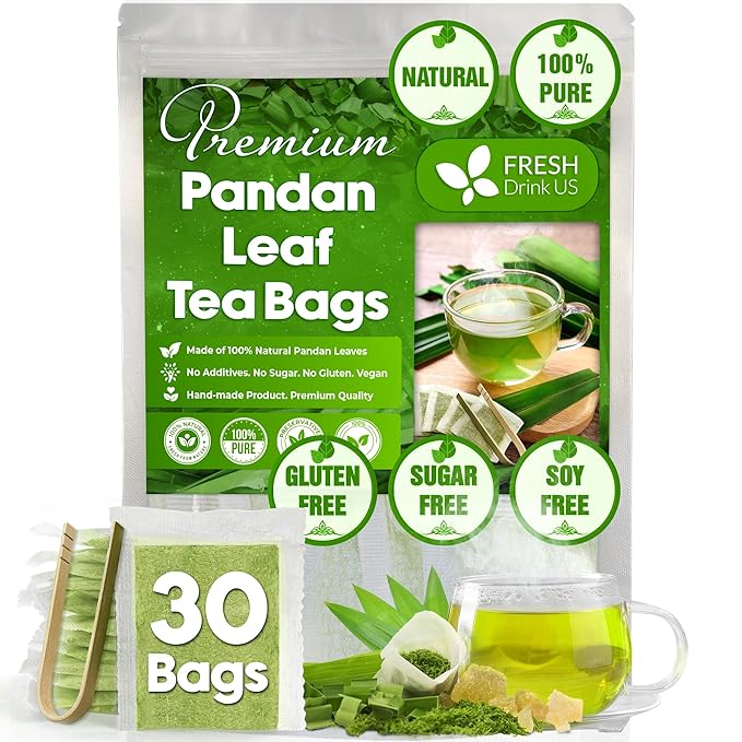 FreshDrinkUS, Premium 30 Pandan Leaf Tea Bags, 100% Natural & Pure from Pandan Leaves. Loose Leaf Pandan Herbal Tea. Made with Natural Material Tea Bags. No Sugar, No Caffeine, No Gluten, Vegan. (30 Tea bags)
