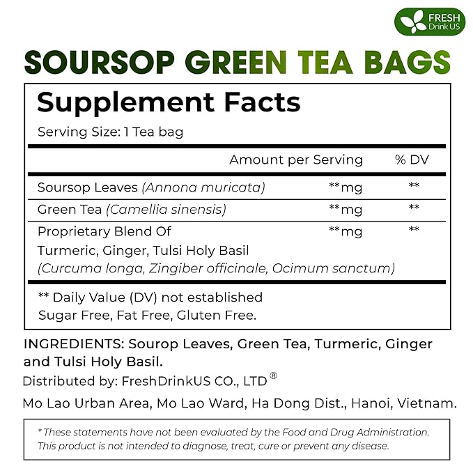 FreshDrinkUS, Premium 40 Tea Bags Soursop Green Tea, 100% Natural & Proprietary Blend from Soursop Leaves and Green Tea. Smooth Flavor. Made with Eco-Conscious Tea Bags. No Additives No Sugar, Vegan.