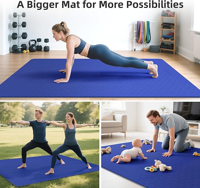 Extra Large Yoga Mat - 72"x35", 72"x48", 78"x57" - Wide TPE Exercise Mat for Home, Stretching, Couples & Family Workouts - 6-12mm Thick, Non-Slip & Waterproof - with Carry Bag and Straps