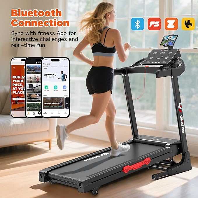 Treadmill with Incline, 300 LBS Capacity, 8 MPH or 10 MPH Speed, Bluetooth, App, Pause Function, Folding Treadmills for Home with 64 Programs, 17'' or 18'' Wide Belt, Heart Rate, BMI Detector
