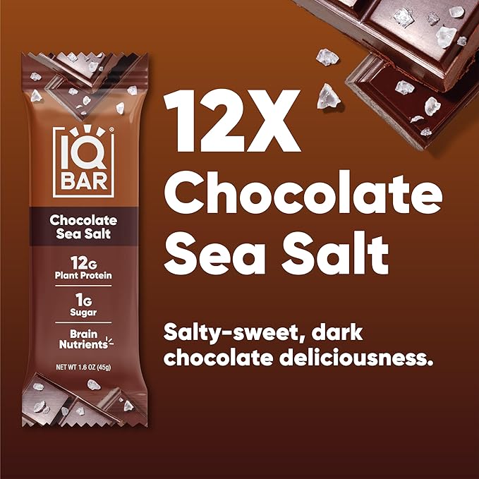 IQBAR Brain and Body Plant Protein Bars - Chocolate Sea Salt - 12-Count Low Carb - Gluten Free, High Fiber, Vegan Snacks - Low Sugar Meal Replacement